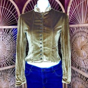 DO & BE Cropped Velvet Military Button Jacket Vintage Look Green/Gold Medium